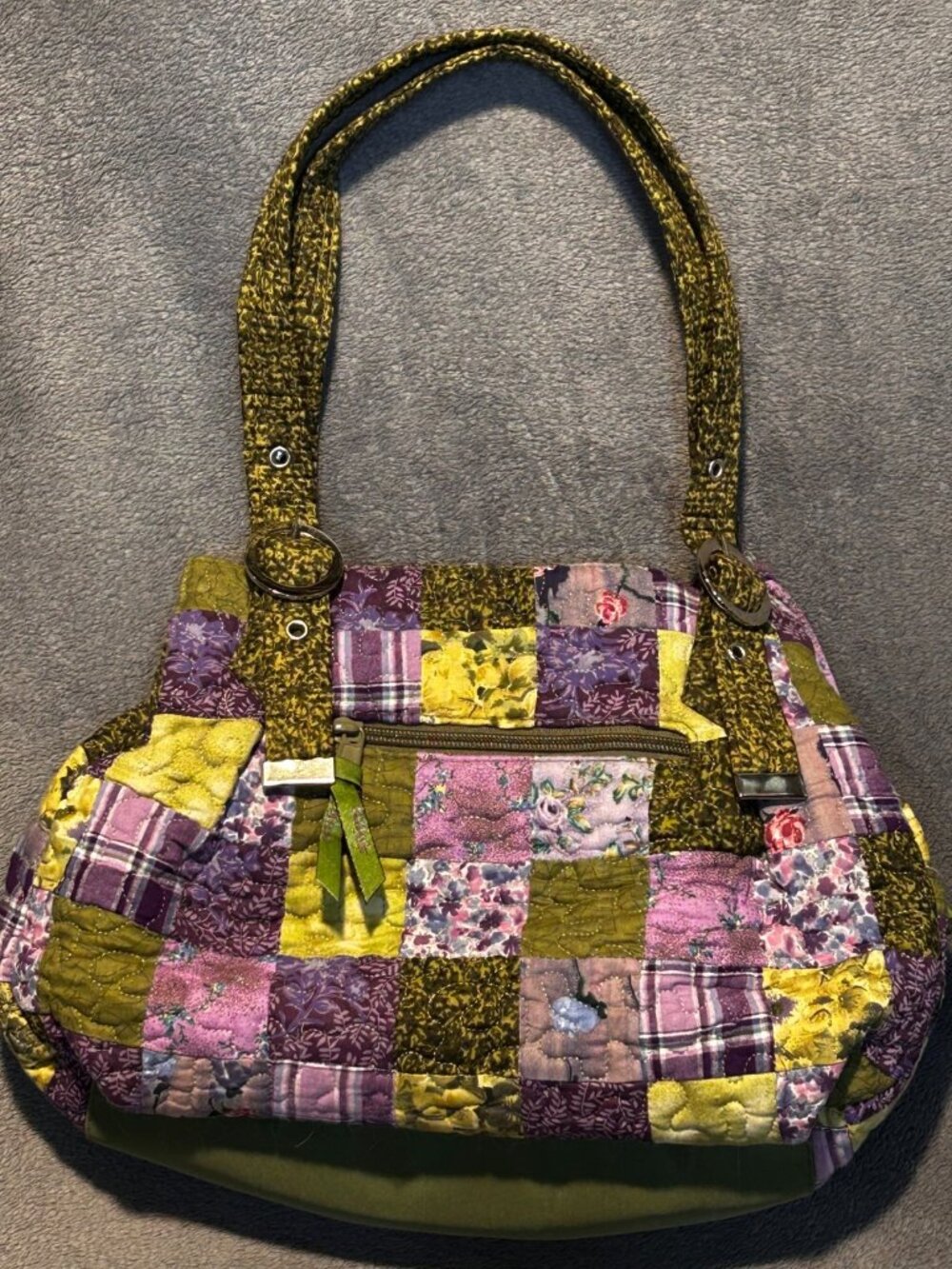 Donna Sharp Tote Green Purple Leah Patchwork Quilted Shoulder Handbag Pristine - Picture 4 of 5